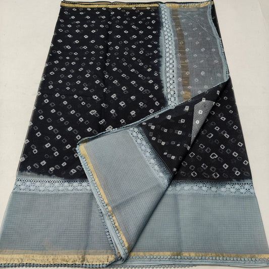 Kota Doria Bandhej Saree with Croatia Lace