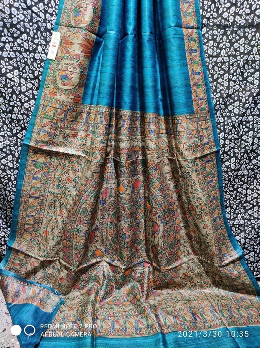 Handloom Tussar Ghicha Silk Saree with Hand-Painted Madhubani