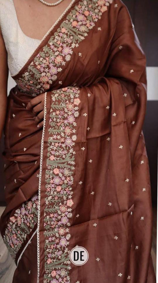 Tussar Munga Silk Embroidery Saree