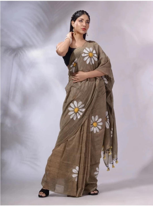 Sunflower Hand Print Saree