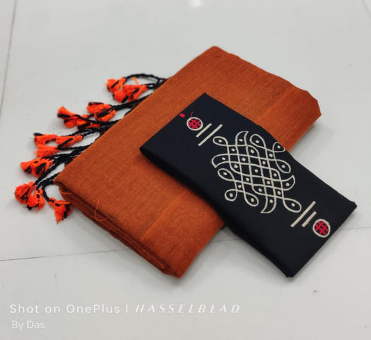 Plain cotton saree with embroidered blouse piece