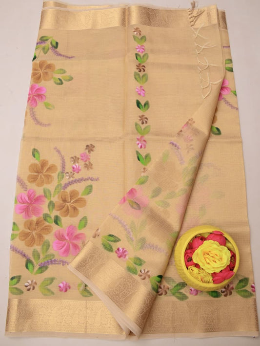 Kota Doria Semi Silk Hand Painted Saree