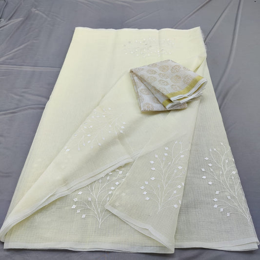 Kota Doria Mix Cotton Saree with Hand Machine Embroidery