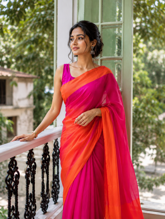 Pink and Orange Mulmul Cotton Saree