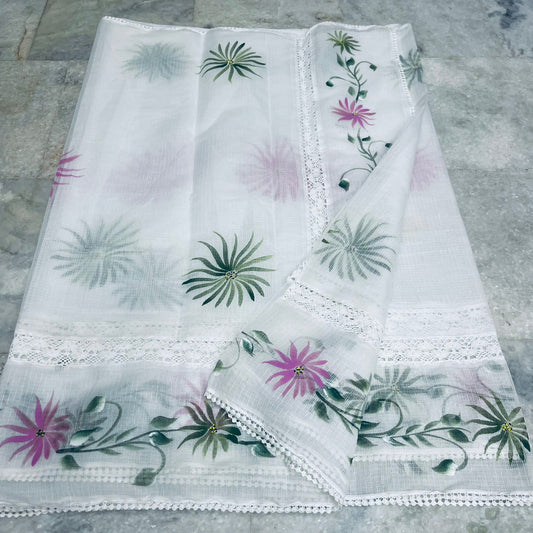 Kota Doria Crochet Lace Saree with Hand Painting