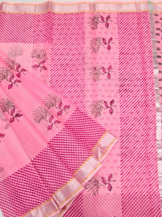 Kota Doria Soft Cotton Hand Block Printed Saree