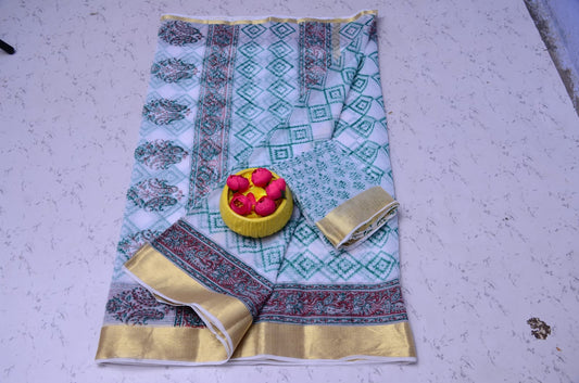 Kota Doria Pure Cotton Hand Block Print Saree