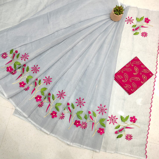 Kota Doria Saree with Embroidery