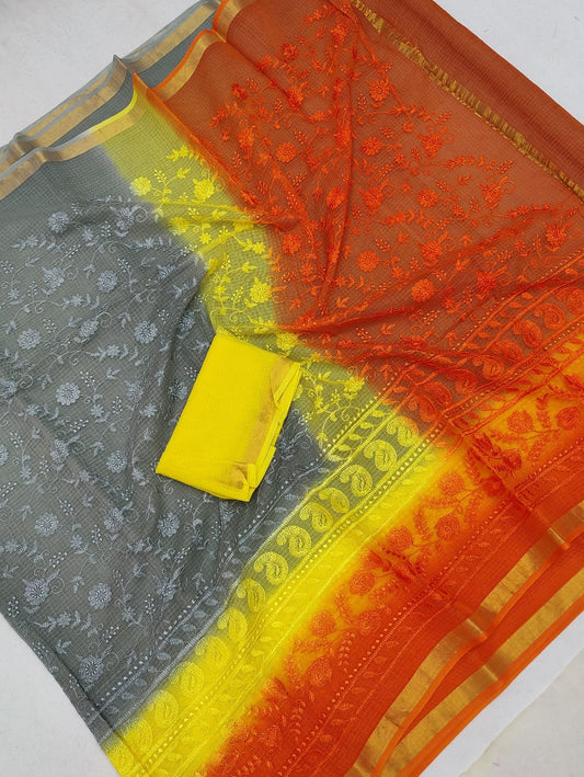 Pure Cotton Kota Doria Chikankari Saree