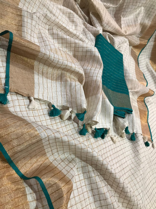 Linen by Linen Saree with Gold Zari Checks