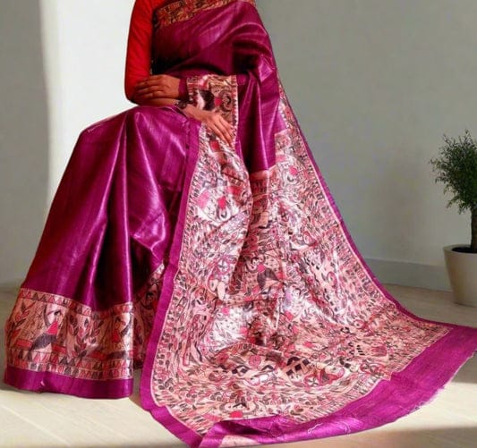 Tussar Ghicha Silk Saree with Hand-Painted Madhubani