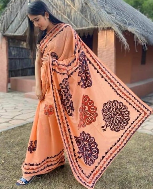 Applique Work Mul Cotton Saree with Ajrakh Blouse