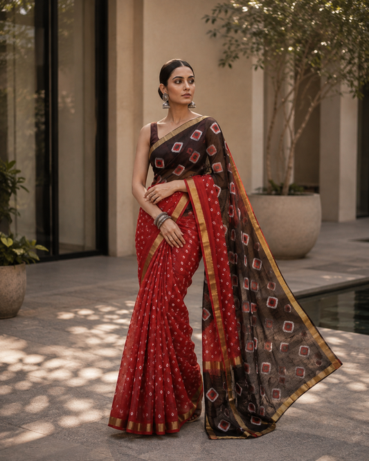 Pure Cotton Kota Doria Hand Shibori Bandhej Saree
