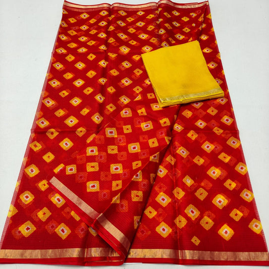 Kota Doria Pure Silk Saree with Hand Dye Bandhej