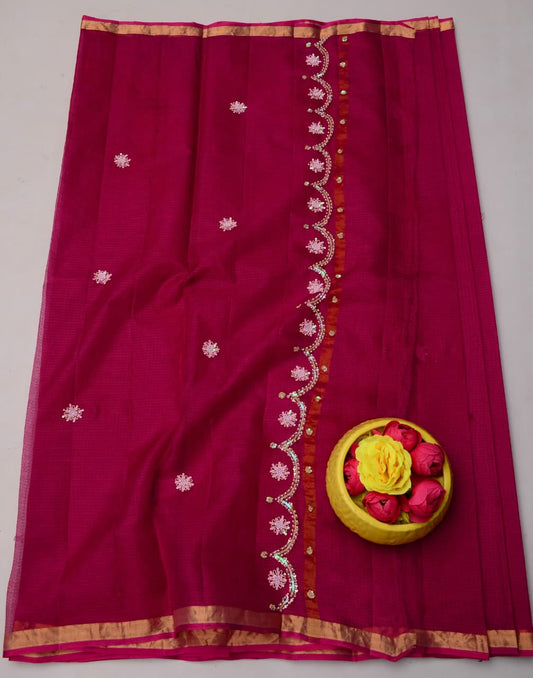 Pure Silk Kota Doria Hand Work Saree