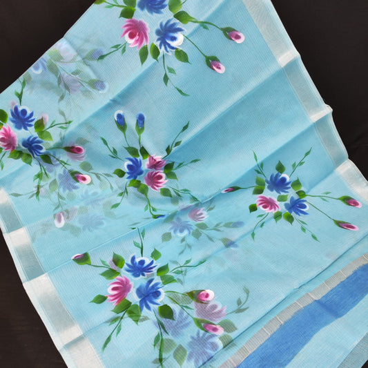 Kota Doria Soft Cotton Hand Painted Saree