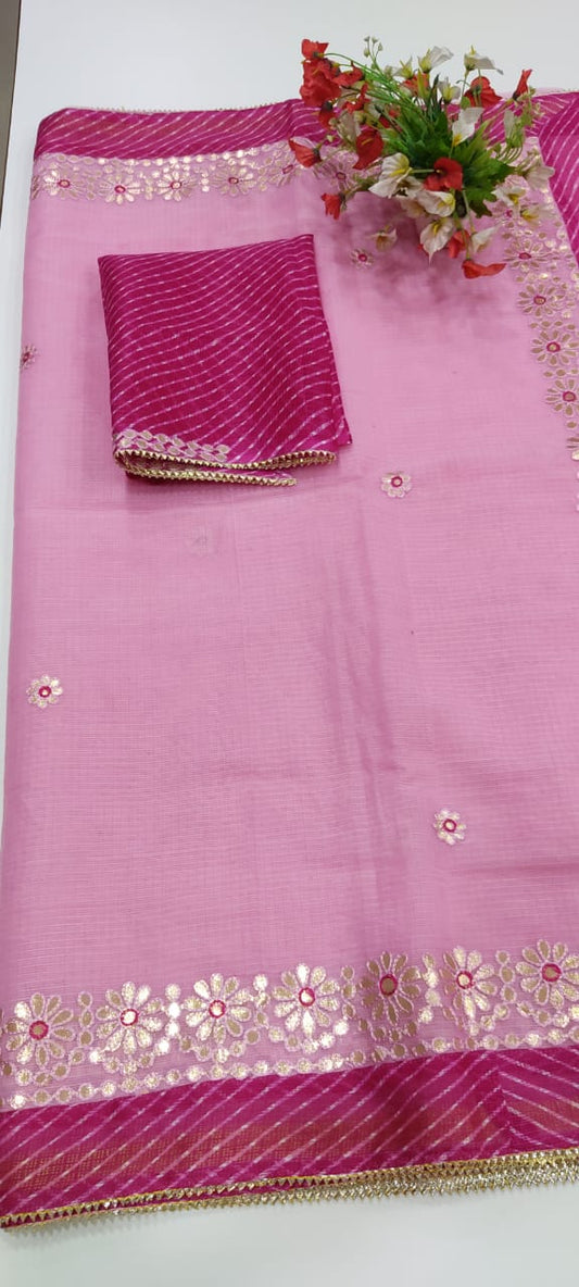 Kota Doria Soft Cotton Saree with Gotta Patti Work and Bandhej Border