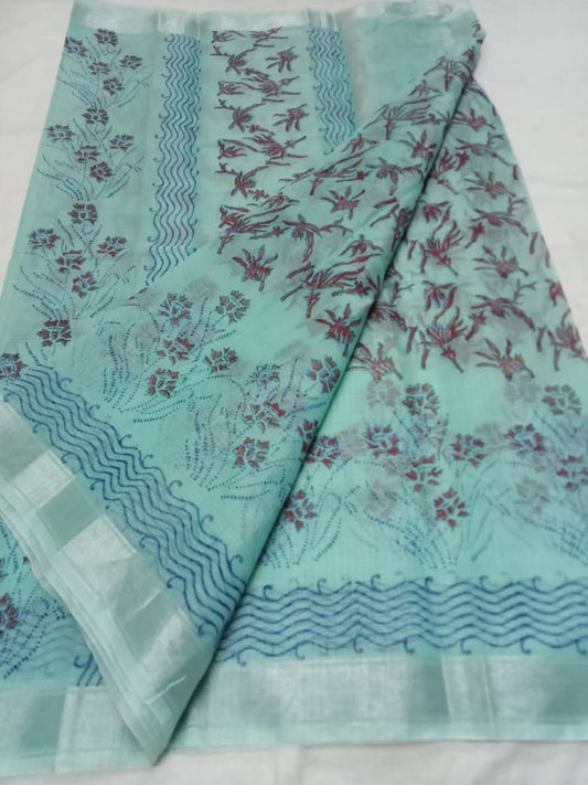 Kota Doria Soft Cotton Hand Block Printed Saree