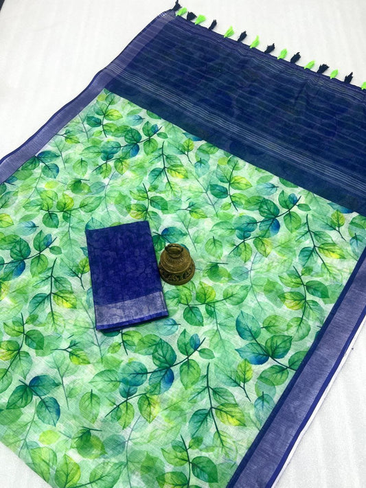 Linen Digital Print Saree with Silver Zari Border