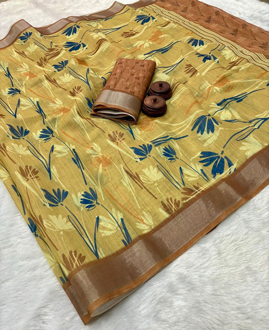 Pure Linen Cotton Printed Saree