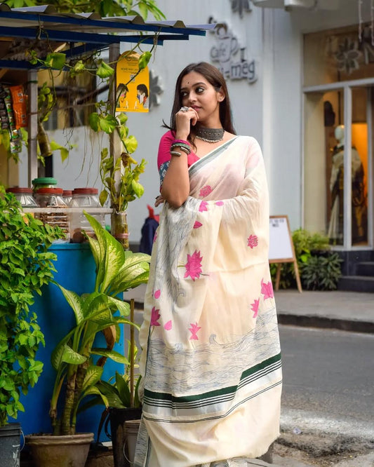 Plain Linen Digital Print Saree