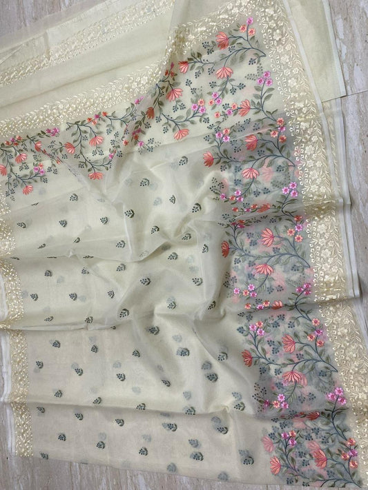 Kora Organza Saree with Embroidery Work