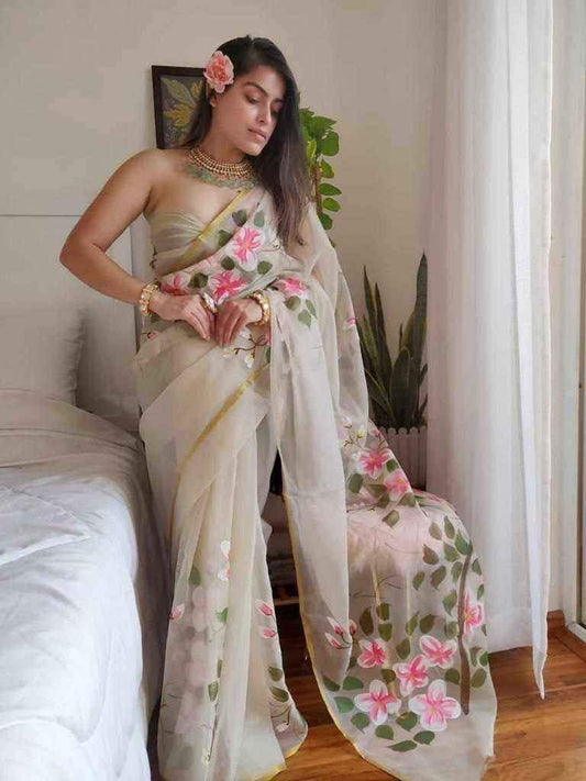 Kota Cotton Saree with Hand Brush Print