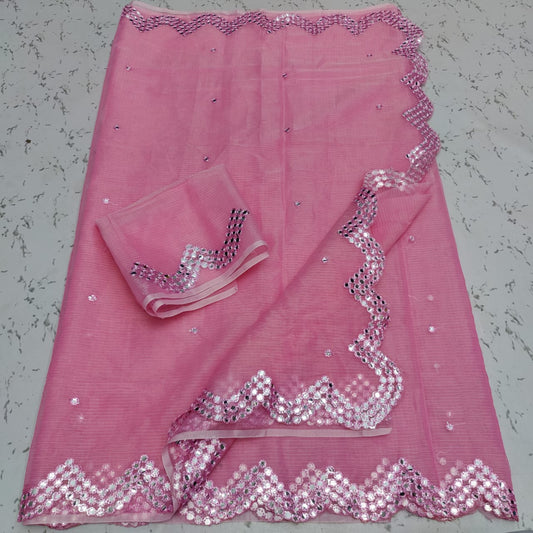Kota Doria Cotton Saree with Mirror & Gotta Aari Work