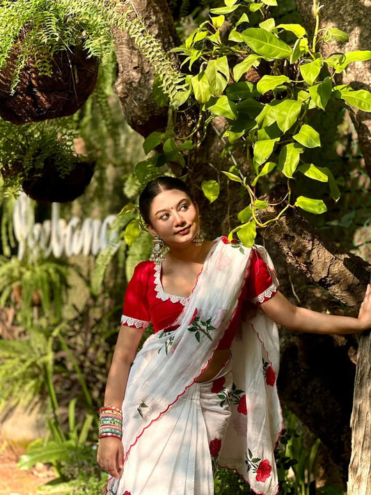 Exclusive Mulmul Cotton Saree with Rose Embroidery