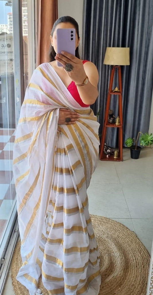 Mulmul Cotton Saree with Golden stripes