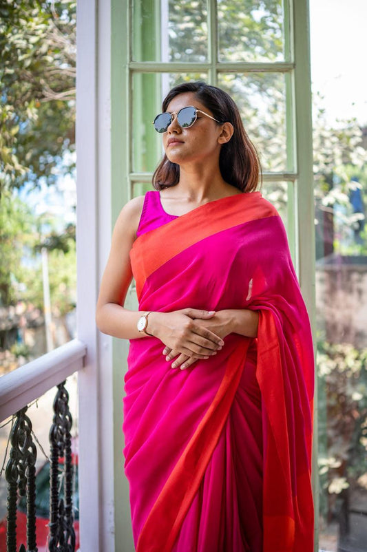 Pink and Orange Mulmul Cotton Saree