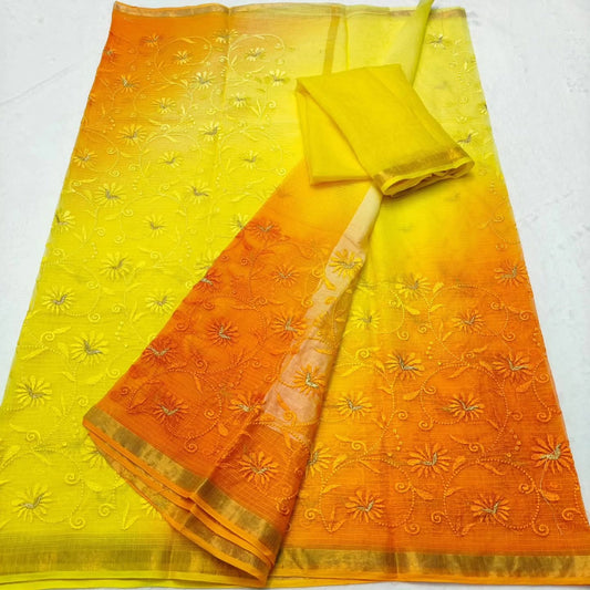 Kota Doria Chickenkari Embroidery Saree