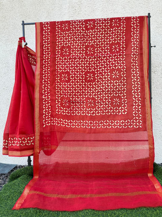 Red Pure Chanderi Silk Saree with Applique Work