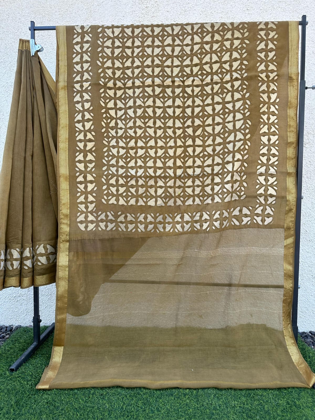 Beige Pure Chanderi Silk Saree with Applique Work