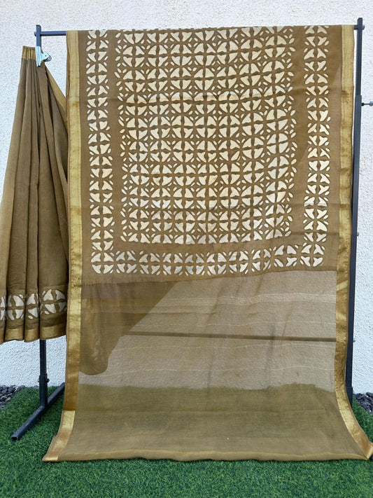 Beige Pure Chanderi Silk Saree with Applique Work