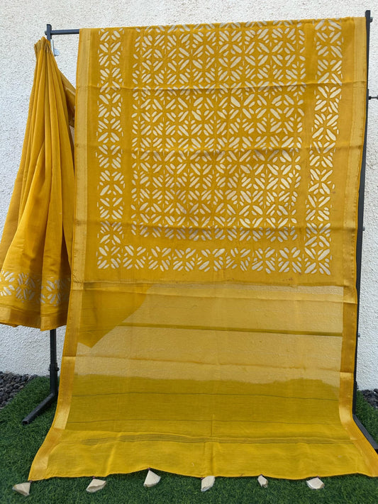 Mustard Pure Chanderi Silk Saree with Applique Work