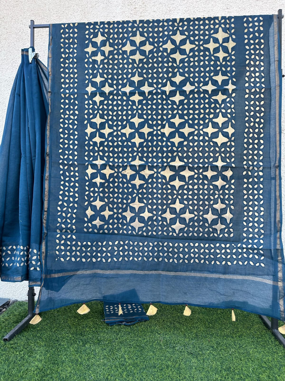 Blue Pure Chanderi Silk Saree with Applique Work