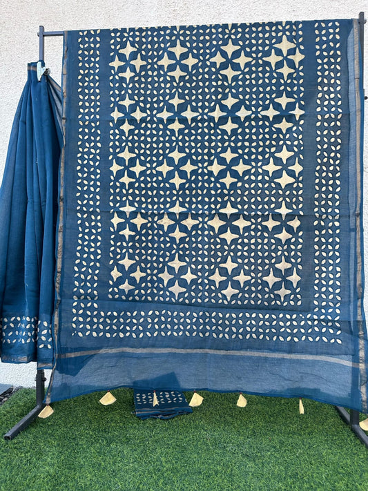Blue Pure Chanderi Silk Saree with Applique Work