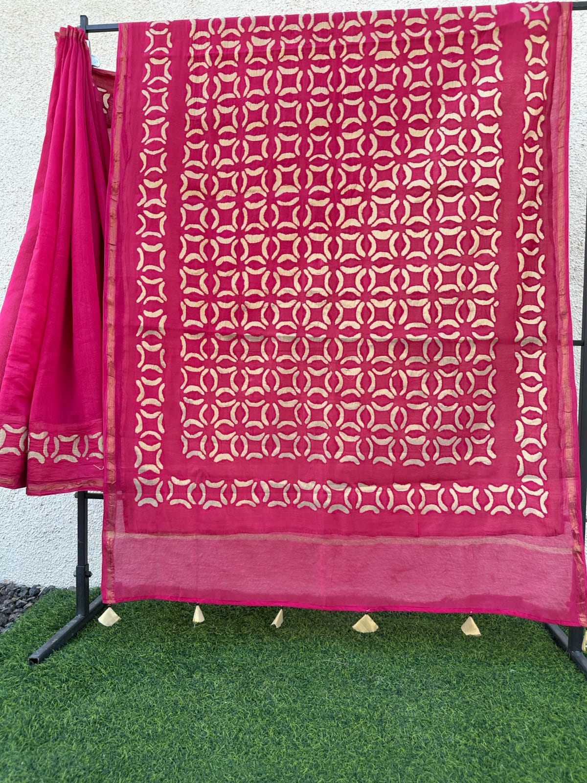 Pink Pure Chanderi Silk Saree with Applique Work