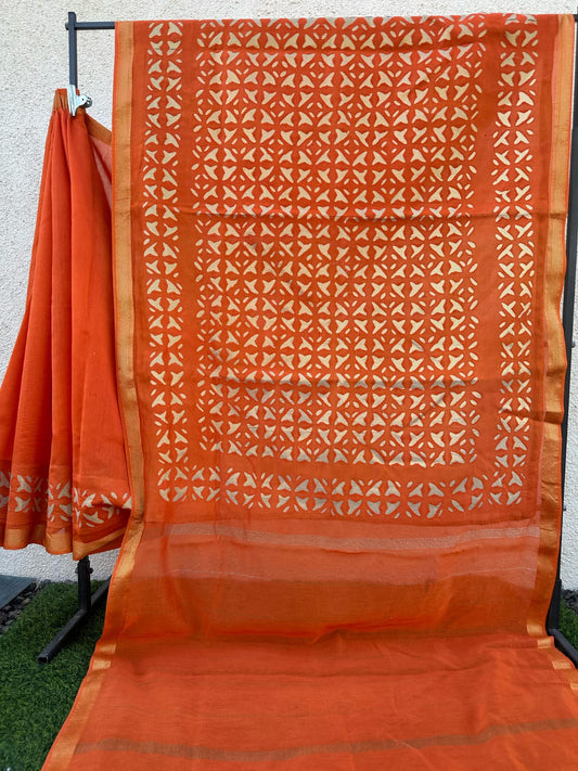 Orange Pure Chanderi Silk Saree with Applique Work