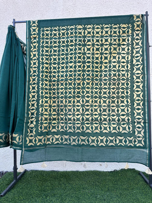 Green Pure Chanderi Silk Saree with Applique Work