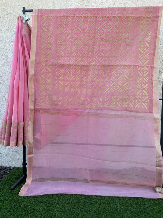Pink Pure Chanderi Silk Saree with Applique Work