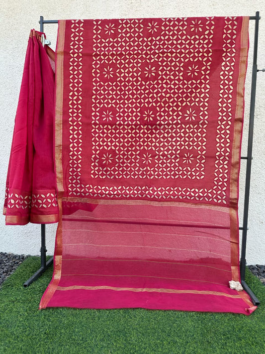 Pink Pure Chanderi Silk Saree with Applique Work