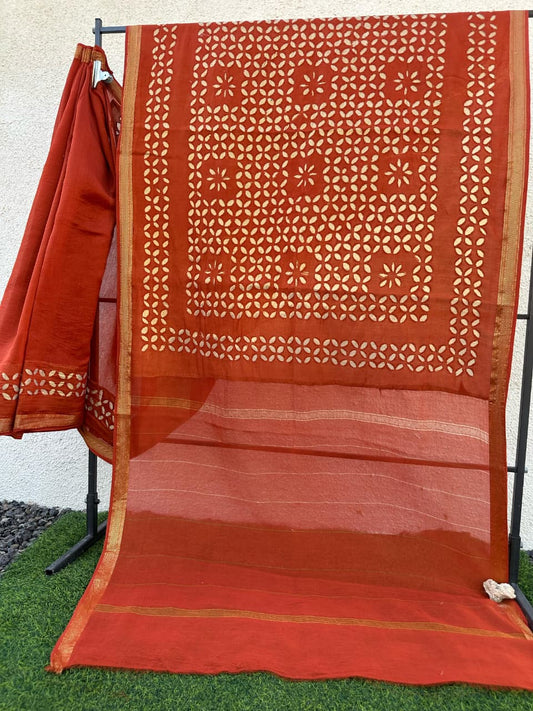Brown Pure Chanderi Silk Saree with Applique Work