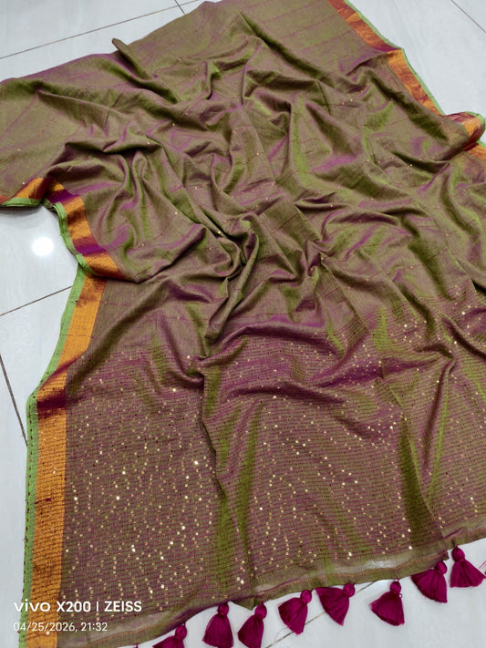 Handloom Sequins Cotton Saree with Zari Border