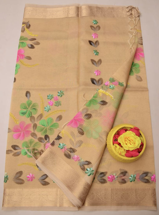 Kota Doria Semi Silk Hand Painted Saree