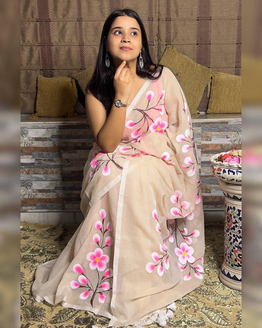 Mulmul Cotton Saree with Hand Painting