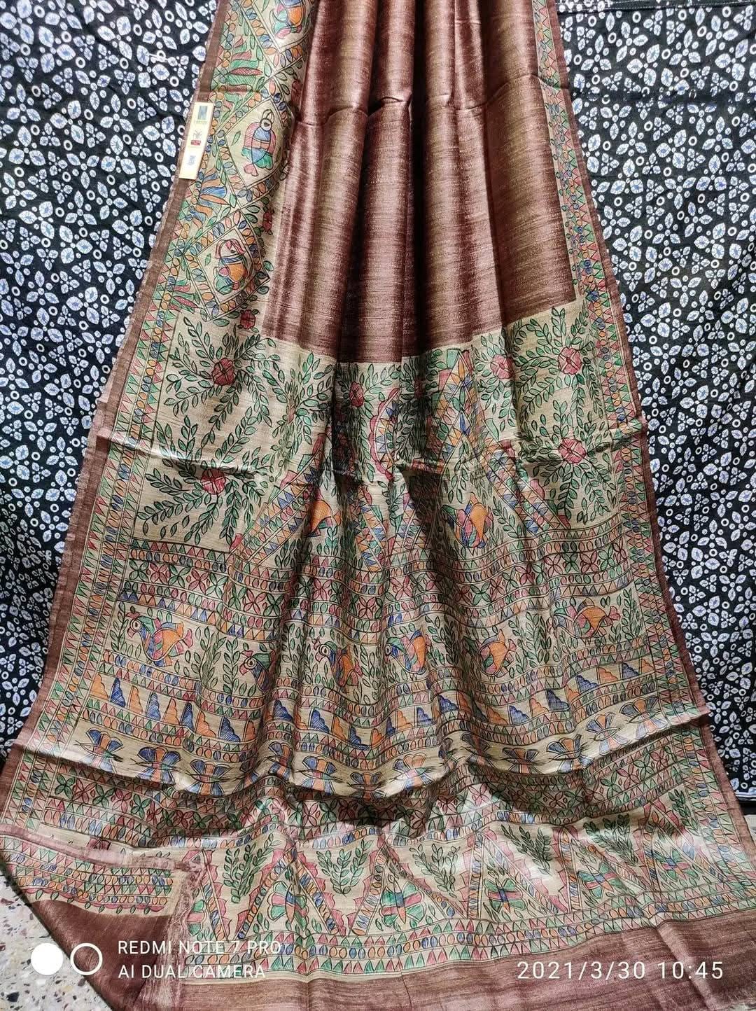 Handloom Tussar Ghicha Silk Saree with Hand-Painted Madhubani