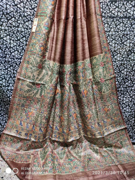 Handloom Tussar Ghicha Silk Saree with Hand-Painted Madhubani
