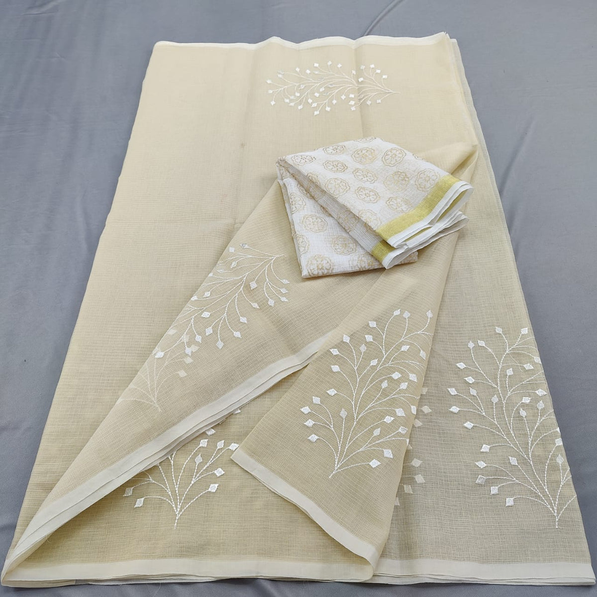 Kota Doria Mix Cotton Saree with Hand Machine Embroidery